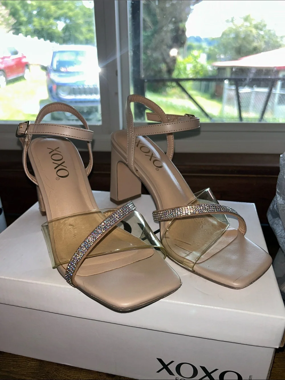 XOXO Nude Beige Heeled Sandals with Rhinestone Strap